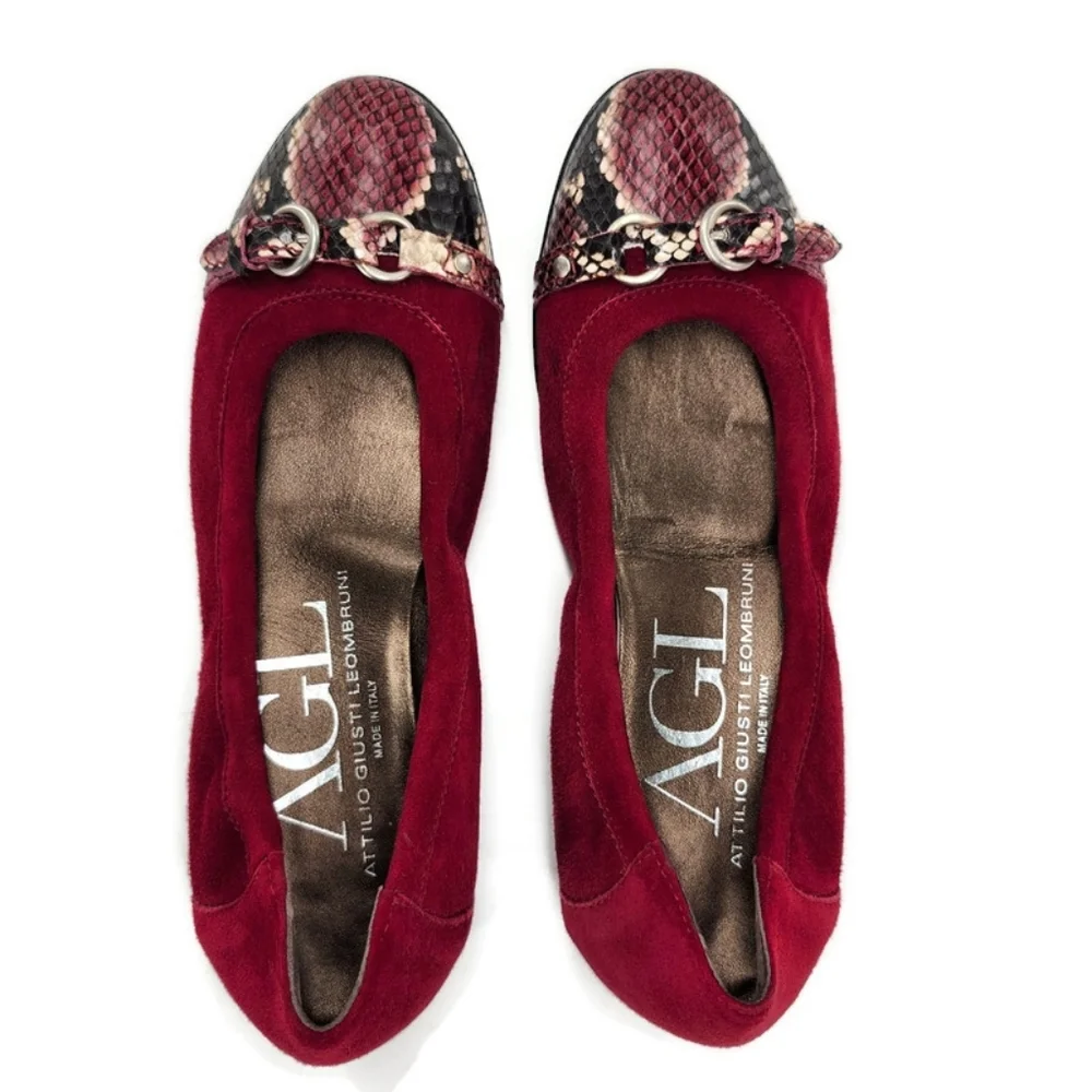 Attilio Giusti Leombruni Monika Dark Red Suede Snake Print Cap Toe Ballet Flats